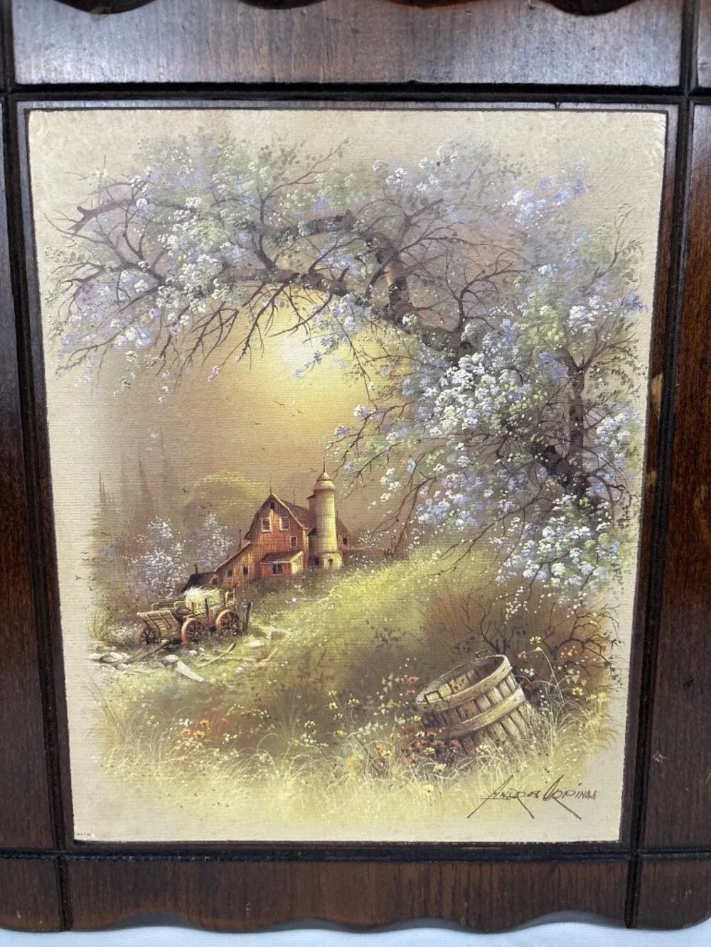 Rustic Wooden Wall Art Scenic Farmhouse Painting Gold-Tone 14x11